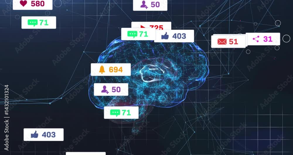 Poster 3d wireframe brain pulsating neon data currents while social media badges floating around dark grid