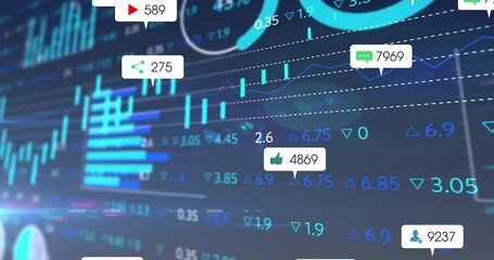 Social media metrics floating above financial chart, displaying icons and numeric labels in flat UI