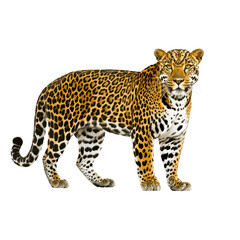Obraz premium majestic leopard stands confidently, showcasing its striking spotted coat and powerful build. leopard intense gaze and poised stance exude strength and grace