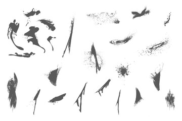 Grunge paint brush, ink splatter, crosses, stains and paint strokes vector set. Artistic textures paintbrush strokes and splash of paints. Dirty vector design elements backgrounds