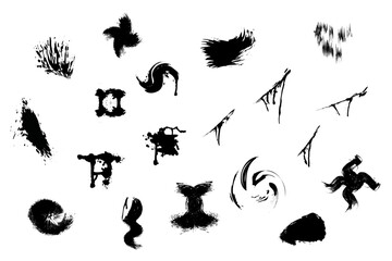 Black grunge ink splatter and splashes elements. Abstract vector paint spots, artistic design, creative backgrounds. Creative, artistic, abstract, trendy, dynamic, versatile etc.