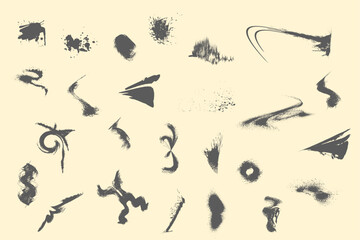 Grungy black splatter paint brush strokes vector collection. Grunge abstract shape watercolor blots, blobs and stains. Punk dabs and daubs graffiti background