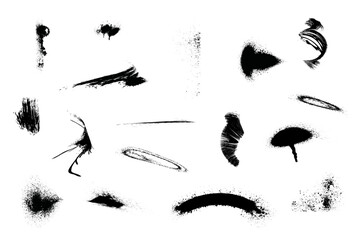 Grungy black splatter paint brush strokes vector collection. Grunge abstract shape watercolor blots, blobs and stains. Punk dabs and daubs graffiti background