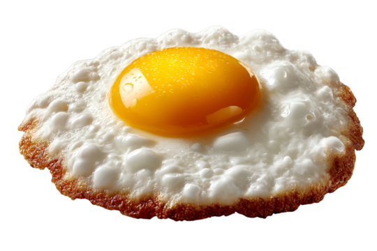 Close-up photo of a sunny side up fried egg with crispy golden edges and glossy yolk, isolated on white background