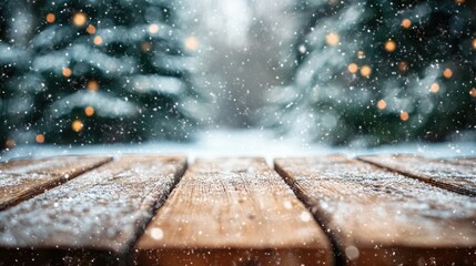 old vintage wooden background on snowfall day for winter Christmas celebration.