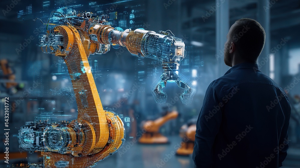 Poster engineer observing robotic arm in advanced automation factory setting