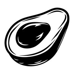 Monochrome drawing of avocado cut in half with seed showing clearly