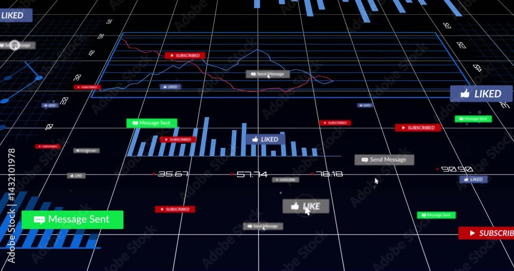 Poster immersive 3d data analytics dashboard glowing in dark grid, showing line and bar charts with labels