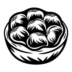 Stylized black and white drawing of a basket full of snowballs