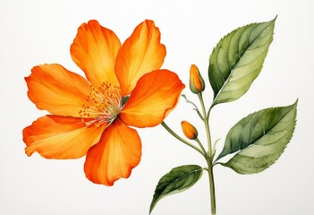 There is a painting of a flower with leaves on a white background