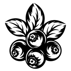 Monochrome depiction of a cluster of blueberries with stylized leaves on top