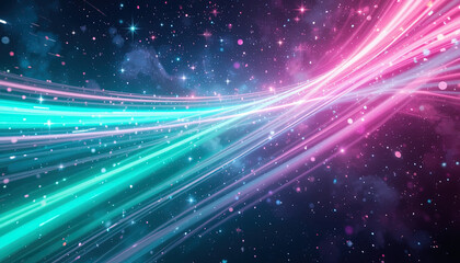 Obraz premium Digital artwork featuring swirling, glowing, energy lines in a vibrant turquoise and pink color palette against a starry night sky.