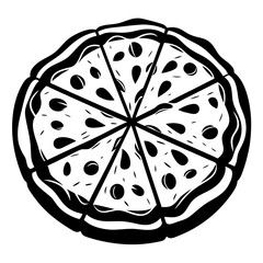 Black and white cartoon illustration of a sliced pizza with toppings