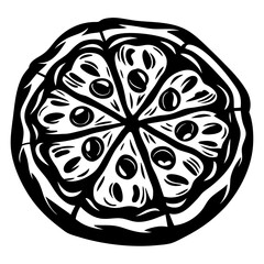 Monochrome Stylized Pizza with Olives and Distinctive Artistic Line Work Design