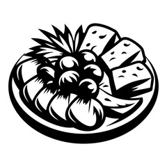 Monochrome illustration of a gourmet cheese platter with fruits and greenery