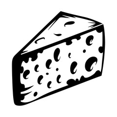 Monochrome illustration of Swiss cheese wedge with distinctive holes and a bold outline