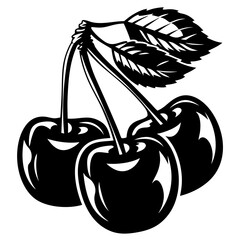 Stylized Black and White Vector Graphic Depiction of Three Cherries on Stems