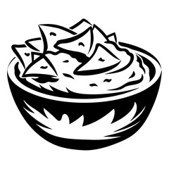 Stylized monochrome bowl of tortilla chips and dip for snacks