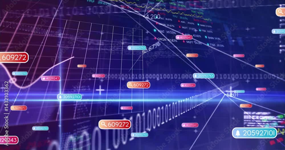 Poster digital dashboard displaying curved graph moving across gradient grid, highlighting binary streams