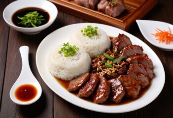 There is a plate of food topped with meat and rice