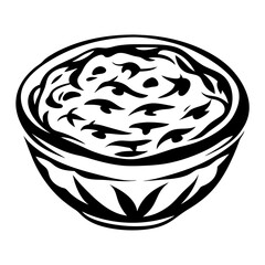 Stylized tribal illustration of a bowl with stew or textured filling inside