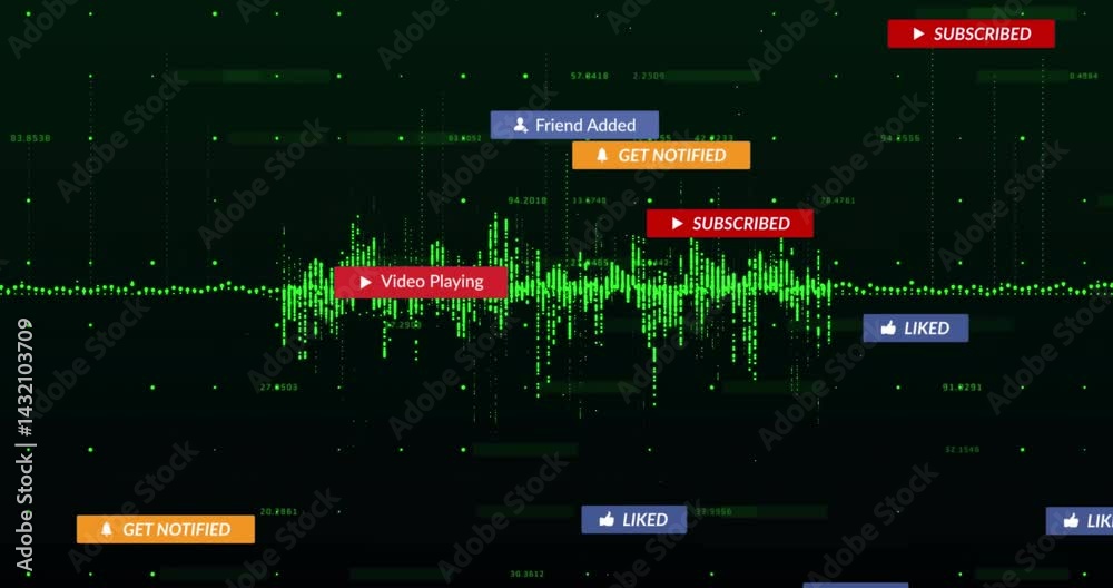Poster neon green waveform being animated in 3d across cyberspace, floating ui banners adding flow