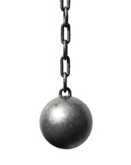 A heavy, metallic wrecking ball hangs from a thick chain against a transparent background.  The ball is grey and shows a textured surface.