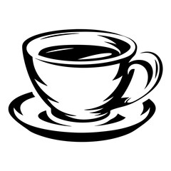 Elegant black and white illustration of a coffee cup on a saucer