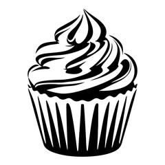 Stylized black and white vector illustration of a frosted and decorated cupcake