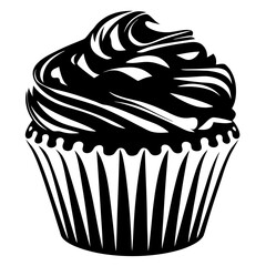 Dramatic monochrome illustration of a delicious looking cupcake with rich frosting