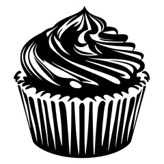 Dramatic black and white cupcake with thick frosting swirling into a point