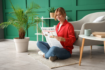 Pretty young woman with newspaper sitting on floor near armchair at home