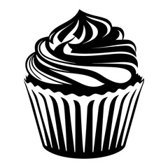 Black and White Cupcake Silhouette with Swirling Frosting Design Isolated on White