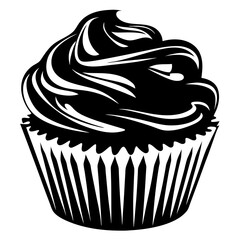 Delicious looking cupcake with rich dark frosting in a monochrome drawing