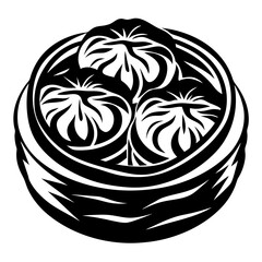 Monochromatic artistic depiction of steamed dumplings in a bamboo steamer basket