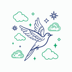 Blue Line Art of Magical Flying Bird – Whimsical Celestial Sky Illustration. Minimalist Fantasy Design. dove and peace