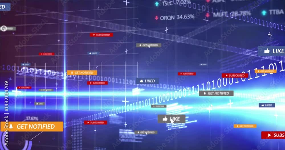 Poster central glowing blue crosshair beam streaming binary code over 3d grid, displaying ui widgets