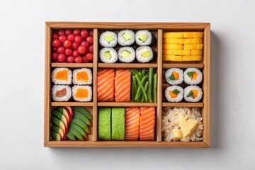 Colorful Bento Box with Sushi and Fresh Ingredients  