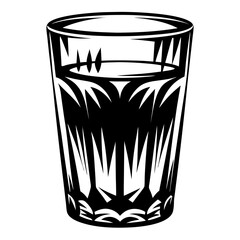 Monochrome graphic depiction of a stylish faceted glass, filled with liquid