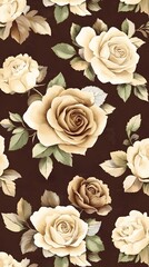 Elegant Watercolor Beige Roses Seamless Pattern Dark Background