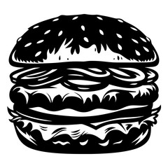 Black and white vector illustration of a delicious looking towering hamburger