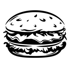 Black and white illustrative burger with layers of filling and a sesame bun