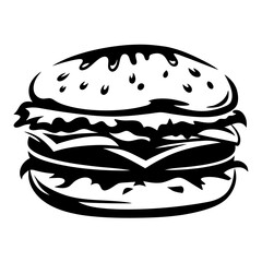 Monochrome illustration of a delicious layered burger with stylized ingredients