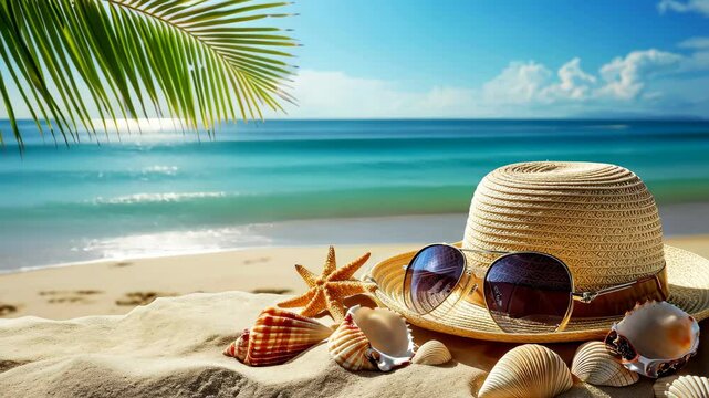 A straw hat, sunglasses, and seashells on a sandy tropical beach, framed by palms against the ocean. Ai Generated.