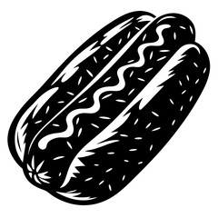Monochrome stylized hot dog with mustard isolated on white background drawing