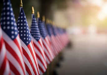 A close-up view of american flags in a row, highlighting their colors and details.