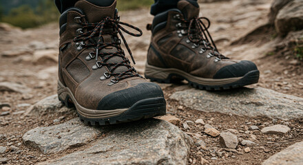 A close up of brown leather hiking boots on a rocky trail ready for an outdoor adventure trek
