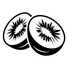 Two kiwi fruit halves in a bold black and white illustration