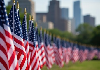American flags stand tall, honoring veterans and celebrating the spirit of freedom in the nation.