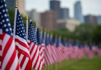 American flags in a line with a city skyline, symbolizing patriotism and remembrance.
